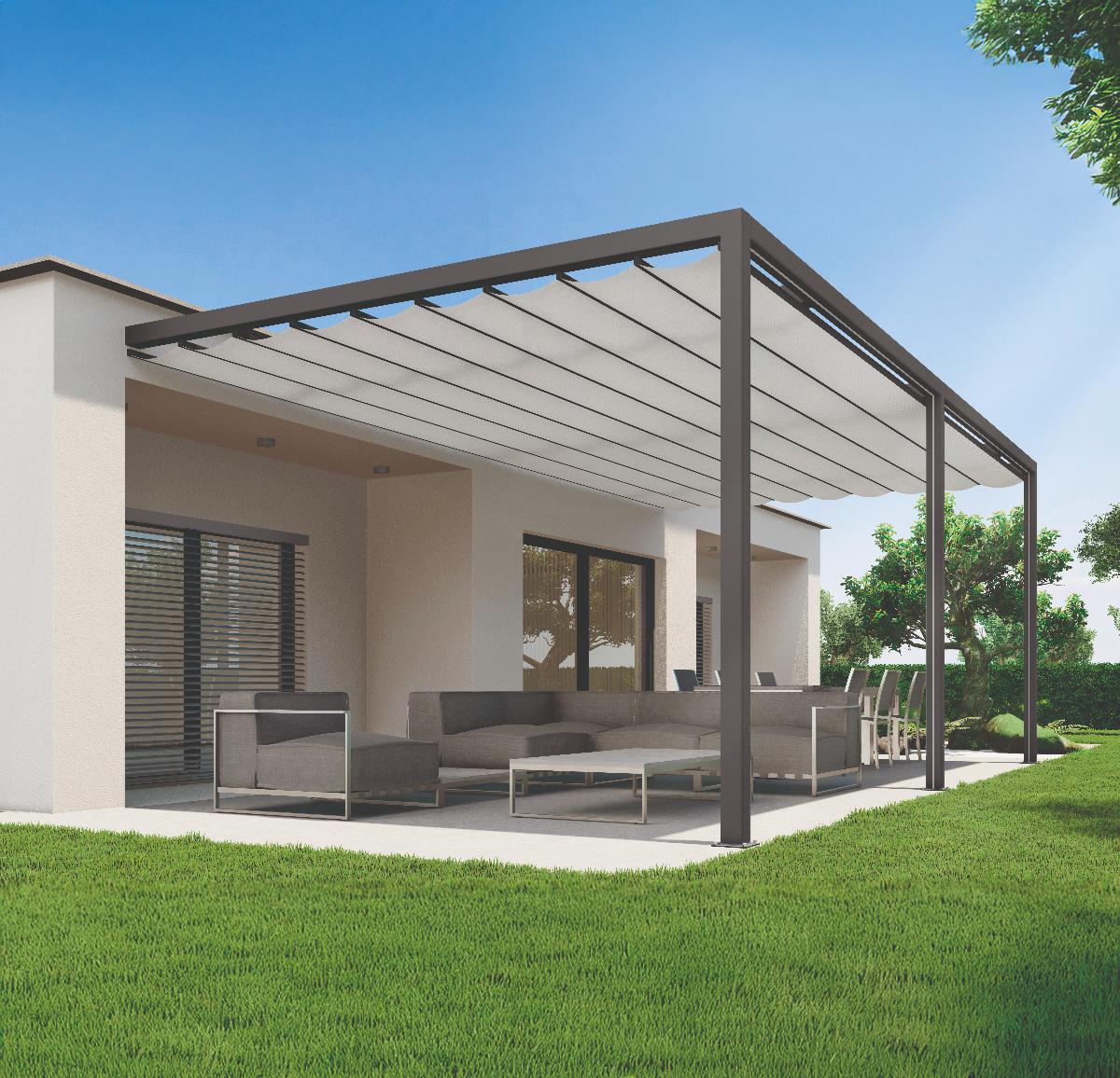 Coastal Haven retractable pergola covering an outdoor patio
